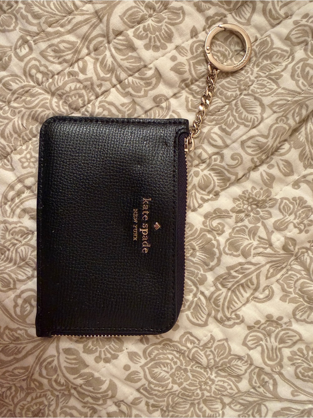 kate spade black pebbled leather zip card case with gold key ring